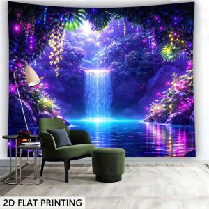VIKAMA Neon Magic Forest Waterfall Lake Tapestry Màu Tím Xanh Huỳnh Quang Phát Sáng Cây Nhiệt Đới & Hoa Phát Sáng Nghệ Thuật Treo Tường Mềm Mại Phản Ứng Với Tia Cực Tím Cho Phòng Ngủ Phòng Khách Phòng Trò Chơi