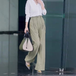 Green Suit Pants Womens High Waist Drapey Straight Leg Conceal Meat Autumn New Style Commute Korean Version plus Size