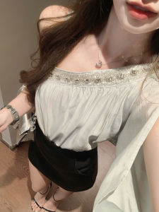 Summer New Chic Womens Small Shirt with Diamond Embroidery JustQin Korean Model Top Triacetate Fiber Pullover