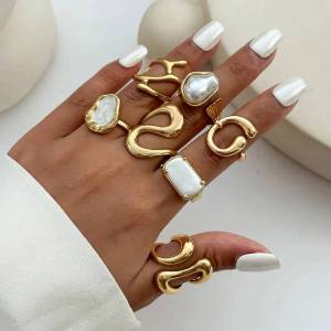 IngeSight.Z 7Pcs/set Punk Geometric Irregular Metal Open Rings Women Trendy Exquisite Imitation Pearl Knuckle Ring Jewelry Gift