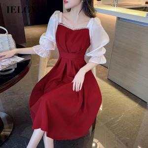 IELGY Sweet red dress womens waist and slim mid-length A-line