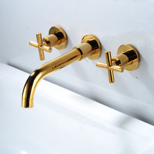 Wall Mounted Faucet Gold Brass Bathroom Basin Faucet Dual Handle Hot and Cold Water Mixer Tap 360 Degree Rotation Embedded Concealed Installation