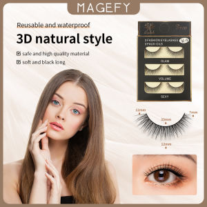 MAGEFY 3 Pair/Box Natural Eyelashes Set with Glue Long Eyelash Extension Set Reusable Waterproof Imitated Mink False Eyelashes for Date Working and Party