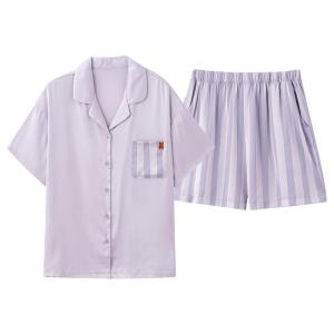 Miiow | Couple Ice Silk Short Sleeve Lightweight Summer Pajamas Striped Home Clothes For Men And Women Breathable Cool Feeling Sleepwear