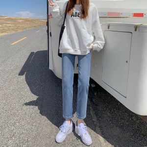 High Waist Straight Leg Jeans Womens Loose Fit Slimming Small Size Light Beige Cotton Stretch Denim Anti-Wrinkle Spring New