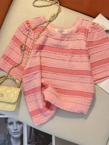 Áo Thun Tay Ngắn Sọc Hồng Mùa Hè Rộng Rãi Cỡ Nhỏ Phong Cách Pháp Ngọt Ngào Nhiều Dopamine Nhiều Màu Áo Thun Cổ Tròn Thường Ngày