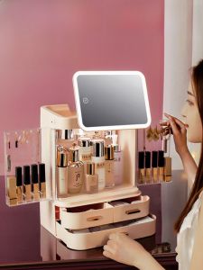 กล่องเก็บเครื่องสำอางแบบเคลือบด้าน DACHUN-5239 สำหรับเครื่องสำอาง ลิปสติก ครีมกันฝุ่น มีกระจก ชั้นวางเครื่องสำอางแบบพับได้ 3 ชั้น