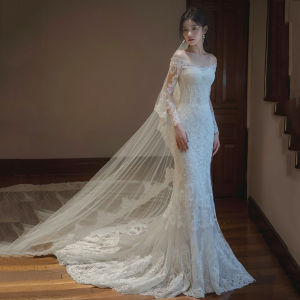 ชุดแต่งงานคอตั้งแขนยาวสไตล์ฝรั่งเศส ชุดแต่งงานทรงเอเอวกลางปานกลาง ชุดราตรีหรูหรา ชุดเจ้าสาว