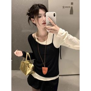 Áo Thun Nữ Tay Dài Hai Mảnh Thời Trang Xuân Thu Phong Cách Hàn Quốc Không Đều Màu Sắc Áo Thun Cơ Bản Mùa Hè Thường Ngày