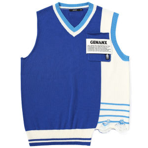 เสื้อสเวตเตอร์คอวีแขนกุดสีแดงหลวมๆ สำหรับผู้ชาย ฤดูใบไม้ร่วง 2023 แฟชั่นสตรีท วัสดุผ้าฝ้ายผสมโพลีเอสเตอร์