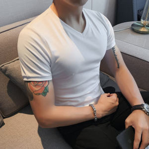 T-shirt Mens Short Sleeve V Neck Summer Stretch Slim Fit Skinny Pure Cotton White Solid Color Bottoming Shirt Men Long-T-Shirt Tide