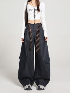 Loose Casual Pants Womens Bend Knife Multi-Pocket Wide Leg Pants Slimming Winter New Style Tibetan Blue Cotton Polyester Blend