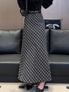 Black Plaid Design High Waist Straight Leg Midi Skirt Womens Fashion Slimming Skirts Korean Style Commute High Waist A-Line Skirts