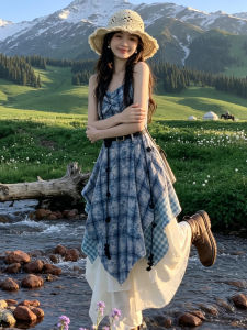 LIRUSHAN | Summer Blue Plaid Dyeing Asymmetrical Waistline Long Dress