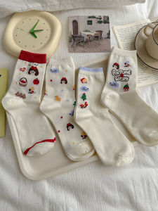 ถุงเท้าผู้หญิง Nutmommmy ลายการ์ตูนสีขาว ถุงเท้าครึ่งแข้ง ถุงเท้ายาวถึงเข่า ถุงเท้าผ้าฝ้ายระบายอากาศได้ดี ใช้ได้ตลอดทั้งปี