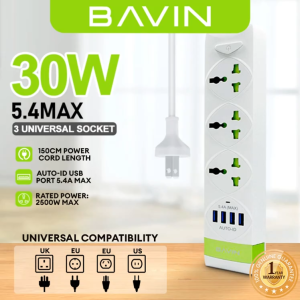 Bavin PC589 Universal 5.4A 4 USB Port Charger HUB Plus 3 Power Socket w/ Overload Protection [Fast and Safe]