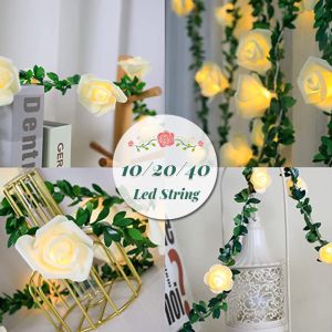 10/20/40LED Artificial Rose Flower Garland String Light Battery Operated LED Fairy Lights Valentines Day Wedding Christmas Party Decorations