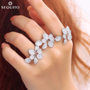 SEQUITO Trendy Women Party Finger Jewelry Silver Plated Full Micro Pave Shiny AAA CZ Zirconia Stones Korean Style Open Adjustable Ring for Clothing Accessories SR104