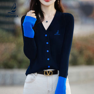 NAOTIEA V-Neck Knitted Sweater Cardigan Womens Base Layer Inner Wear Small Sail Boat Design Spring Commute Style Loose Fit