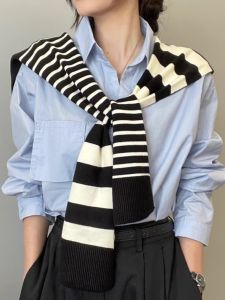 2025 New Stripe Knitted Scarf Womens Outerwear Shoulder Neck Protection Versatile High-End Feeling Korean Style Summer Autumn