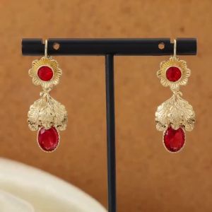 Vintage Court Copper Dangle Earrings with Floral Leaf Design & Red Artificial Gems Fit Banquets and Dinners.