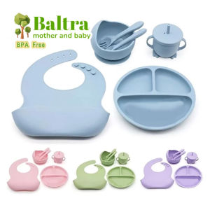 Baltra Mini Silicone Baby Feeding Set 8pcs Baby Plate Set Toddler Silicon Bib Suction Bowl Spoon Forks Cup Set