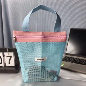 Ins Style Vibrant Bright Color Summer Mesh Tote Bag Small Cosmetic Bag Handbag Foldable Portable Toiletry Bag Womens Beach Bag