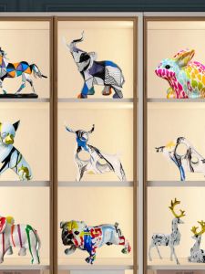 Hand-Painted Artistic Home Decorations Colorful Animal Figurines Dog Elephant Cow Horse Sculptures for TV Cabinet Wine Cabinet
