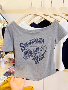 Slim Fit Short Sleeve T-Shirt Womens Summer Design Shoulder Bared Cotton Print Korean Style Commute Pure Color Quick Dry Home Wear