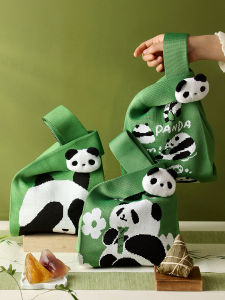 Cute Panda Knitted Bag Handbag Work Accessories Small Handbag Floral Woven Strap Bucket Shape Medium Size Soft Fabric Tote Bag