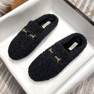 Lamb Fur Slippers Womens Autumn Winter Outdoor Wear New 2025 Half Slippers Thick Bottom Cotton Shoes Cotton Slippers Comfortable