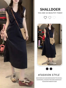 Shalldoer | Váy không tay cổ chữ V thời trang kiểu Pháp cho nữ mùa hè váy chữ A ôm eo thiết kế giảm béo nửa khóa kéo dài