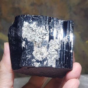 590 grams Raw Black Tourmaline with silvery Mica co-growth very reflective surface handheld hone decor [Natural Crystal]