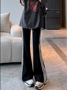 American Style High Waist Bell Bottom Sports Pants Women Spring Autumn 2024 New Slimming Horse Hoof Pants Striped Casual Sweatpants
