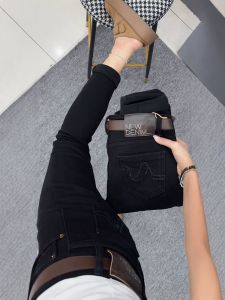 plus Size Womens High Waist Fleece Lined Elastic Pencil Jeans Slimming Ankle Length Pants Casual Pure Color Cotton Stretch Denim