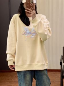 เสื้อสเวตเตอร์คอวีพิมพ์ลายผ้าฝ้ายหนาสำหรับฤดูใบไม้ร่วงและฤดูหนาวสำหรับผู้หญิง เสื้อผ้าทำงานสไตล์เกาหลี แขนยาว ปกติ