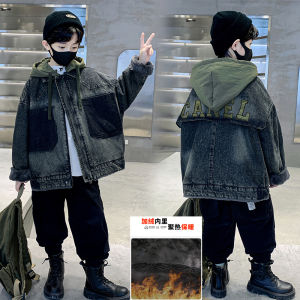 Thickened Denim Fleece Jacket for Boys Winter Middle Large Children Trendy Winter Clothes Parka Coat Korean Style Kids Clothes