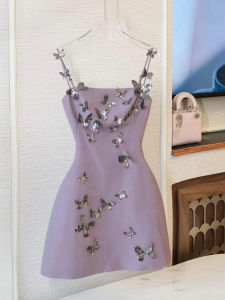 Purple Stereoscopic Butterfly Halter Dress