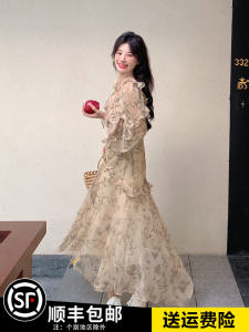 ชุดเดรสยาวผ้าชีฟองแขนยาวสำหรับผู้หญิง ฤดูใบไม้ผลิ ฤดูใบไม้ร่วง ฤดูหนาว 2025 ชุดเดรสยาวลายดอกไม้สไตล์ฝรั่งเศสสุดหรูหรา