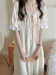 Princess Style Cotton Linen Sleep Dress Short Sleeve Loose Home Clothes Sweet Floral Print Doll Collar Summer New Arrival