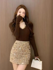 qiaocong | Design Sense Knit Top with Waist Cinch and Sequin Pencil Skirt Outfit