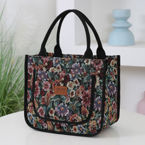 Vintage Floral Tote กระเป๋าขนาดใหญ่ความจุกลางแจ้งกระเป๋าแม่ภาพวาดสีน้ํามันสไตล์แบบพกพากล่องอาหารกลางวันกระเป๋าหนา Fabr