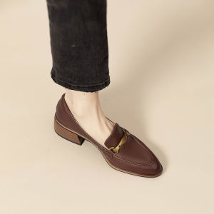 Handmade Comfortable Shoes | 4.5cm ~ French Retro Metal Buckle Chunky Heel Loafers Womens Small Leather Shoes Mid-Heel Shoes