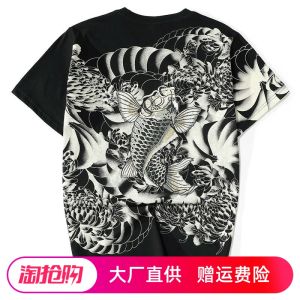 Heavy Embroidery Carp Print Cotton T-Shirt Short Sleeve Breathable Casual Top for Youth Summer Fashion Trend Brand Pure Cotton