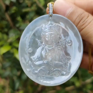 Super Rare ~ Old Collection #2 ~ Crafted as Guanyin Pendant on High Translucent Natural Type A Jadeite Jade certificate weighs 24.35 grams measurement 52.3 * 46.3 * 4.3 mm (pendant363)