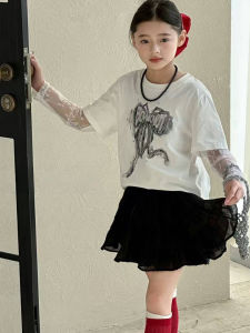 Early Spring Ballet Style Rhinestone Printed Long Sleeve T-Shirt Lace Splicing Heat Transfer Diamond Kids Casual Cotton Top