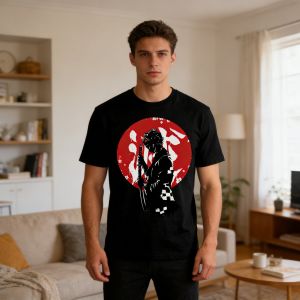 Bandai | Mens Demon Slayer Anime T-Shirt Black Cotton Tanjiro Kamado Red Circle Silhouette Graphic for Casual Otaku Daily Campus Home