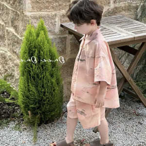 Boys Summer Outfit Set: Gradient Shirt & Shorts - Trendy Two-Piece Suits for Kids