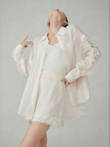 XIAODADEHUA | Pale Pink Lace Detail Casual Shirt Set