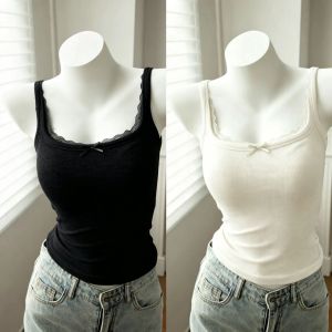 QIAOCHENXIAN | Breast Padded 95%Cotton Lace Trim Camisole Tank Top
